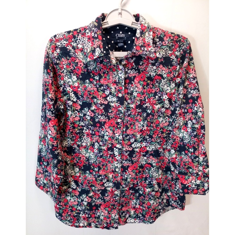Chaps Flip Cuff No Iron Women's Button Up Shirt Top, Medium, Floral